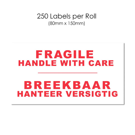 Self Adhesive Labels FragileBreekbaar 100mm x 150mm Roll of 250